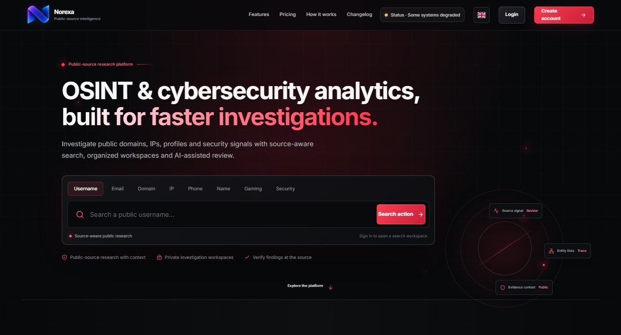 Norexa OSINT website showing its public-source search interface