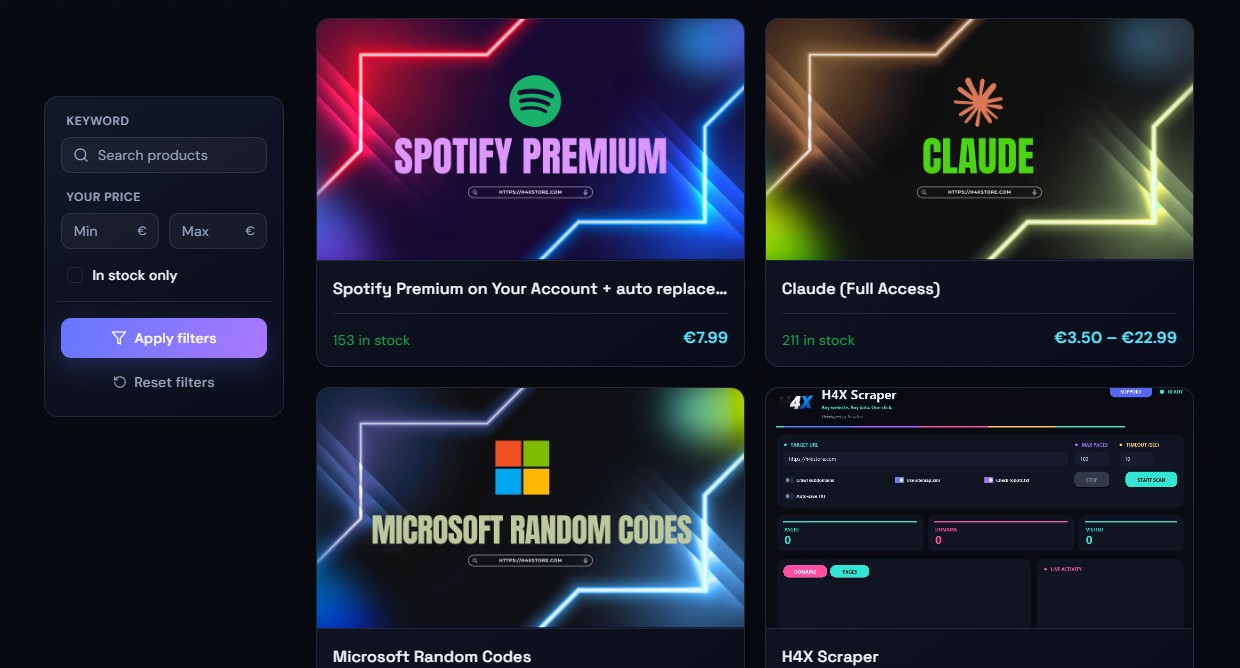 Norexa Store product catalog featuring digital products such as Spotify Premium, Claude, and Microsoft codes
